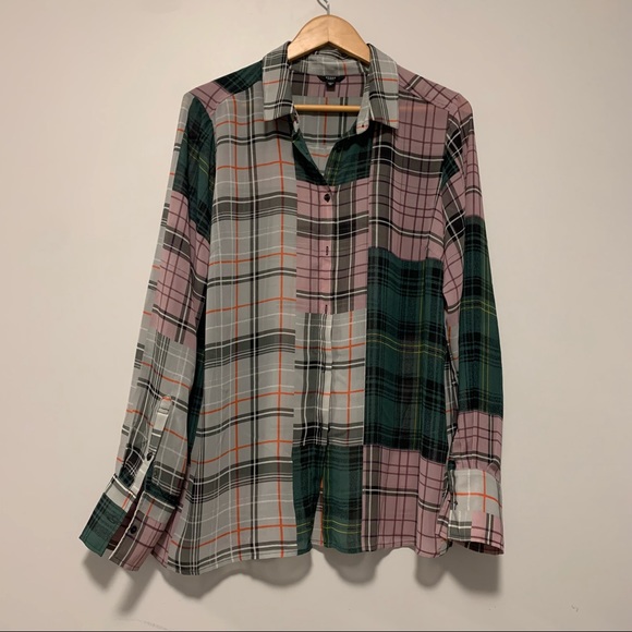 Guess Tops - Guess Women's Unique Pink Green Grey Plaid Button Down Shirt Size XL